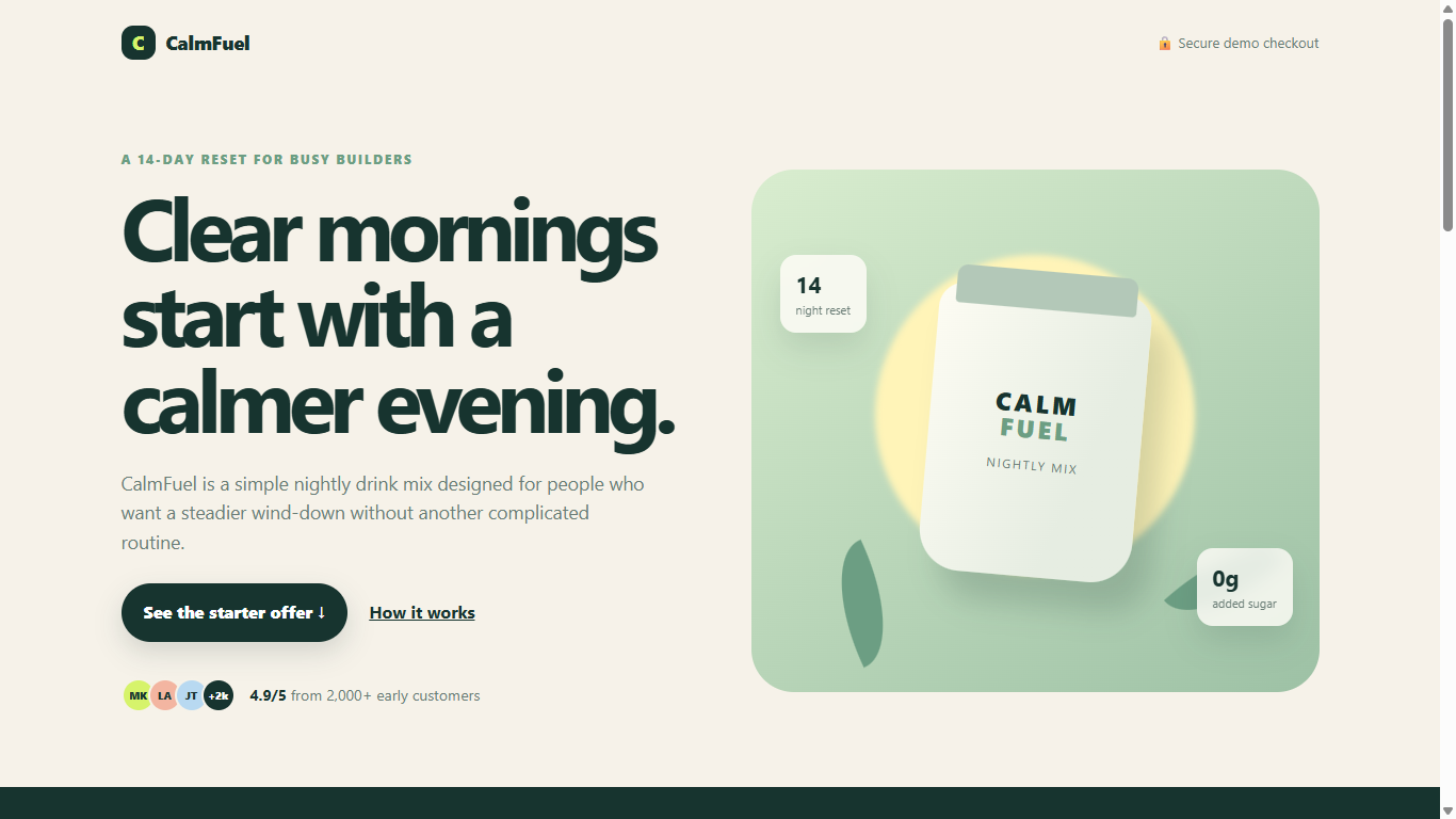 CalmFuel Funnel Prototype homepage screenshot