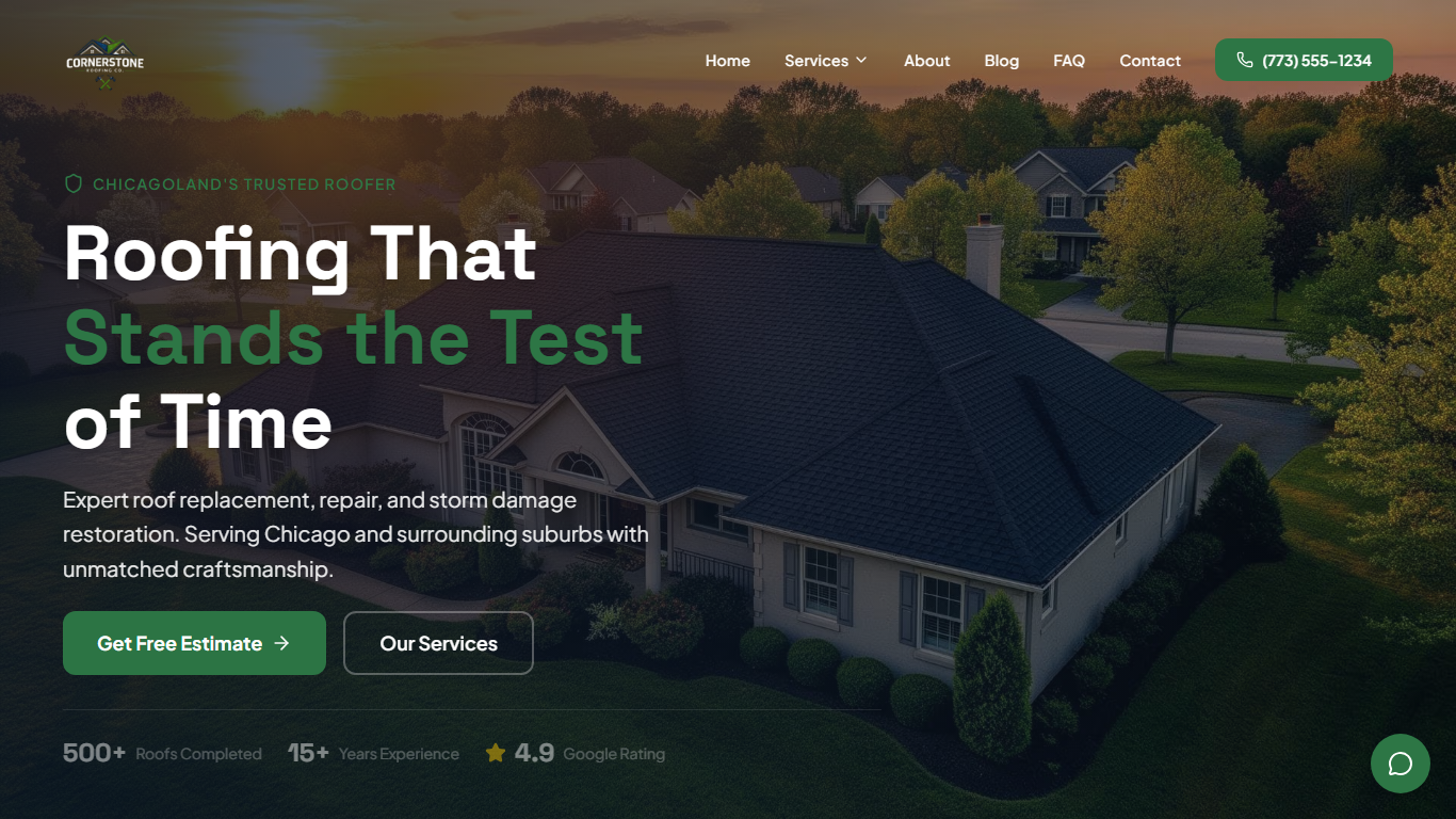 Cornerstone Roofing Co. homepage screenshot
